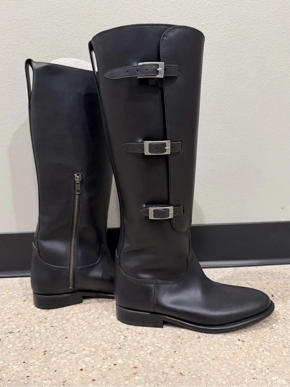 Lucchese Bruna black leather riding boots three buckle straps new never worn